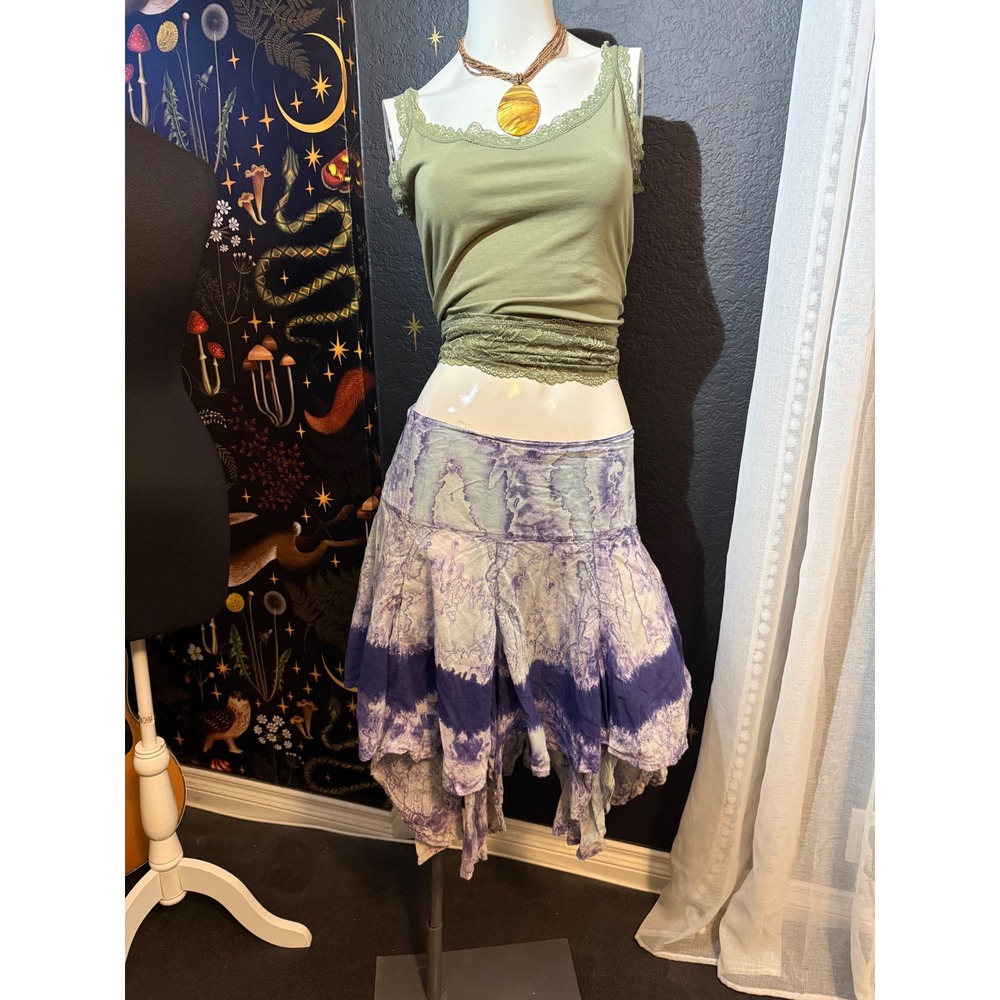 Boho Purple Tie Dye Handkerchief Hem Cotton Mini Skirt XL Smocked Waist India